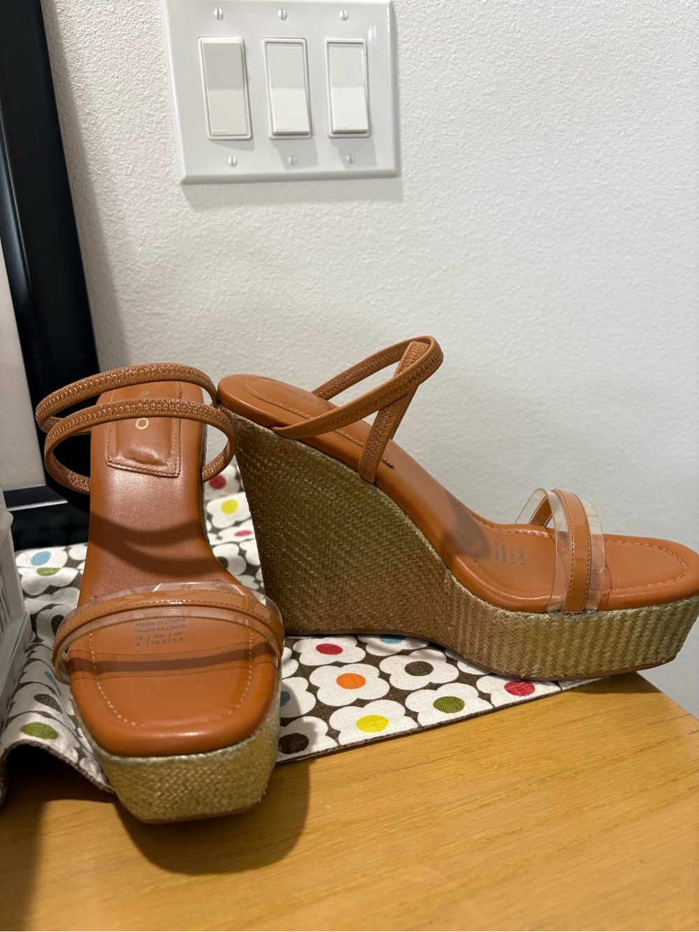 Aldo Brown Tan Wedge Sandals with Clear Straps